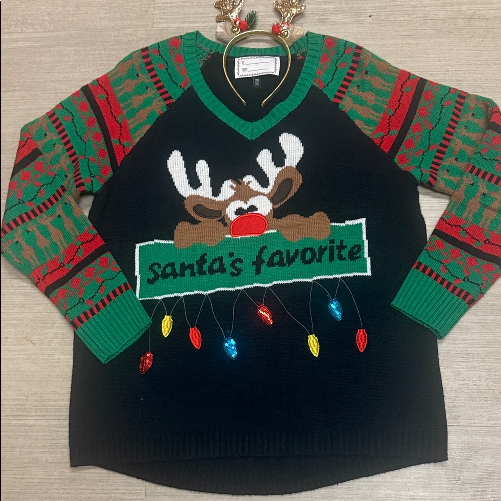 FUN Women’s Vneck Christmas Sweater with Reindeer Ears Size 2X